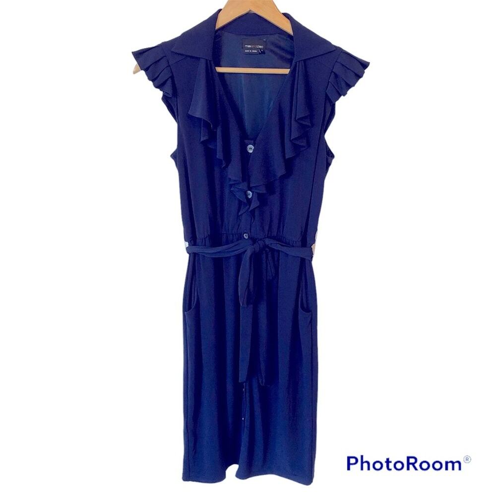 Max & Cleo Dress Women’s Size 4 Navy Ruffle Belted Button Down Midi Casual